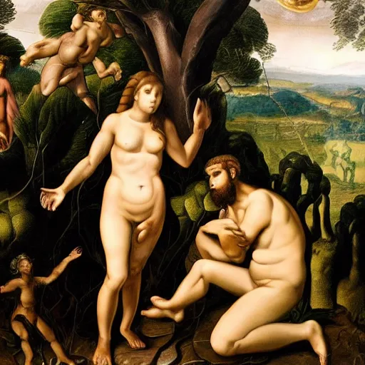 Prompt: God frowning in the Garden of Eden. Eve and Adam look guilty