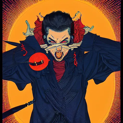 Image similar to portrait of crazy singing post malone with red eyes like hal 9 0 0 0, as vampire, symmetrical, by yoichi hatakenaka, masamune shirow, josan gonzales and dan mumford, ayami kojima, takato yamamoto, barclay shaw, karol bak, yukito kishiro