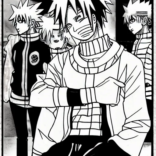 Image similar to a manga sketch of Naruto wearing casual clothes in the art style of Hirohiko Araki
