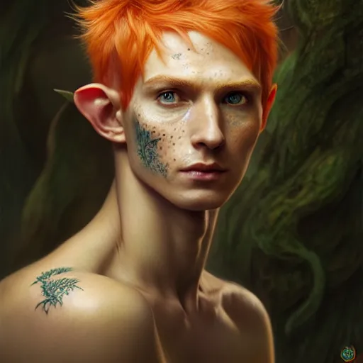 Prompt: portrait painting of an elven eladrin young man with short light orange hair and freckles and tree tattoos on his cheekbones, ultra realistic, concept art, intricate details, eerie, highly detailed, photorealistic, octane render, 8 k, unreal engine. art by artgerm and greg rutkowski and charlie bowater and magali villeneuve and alphonse mucha