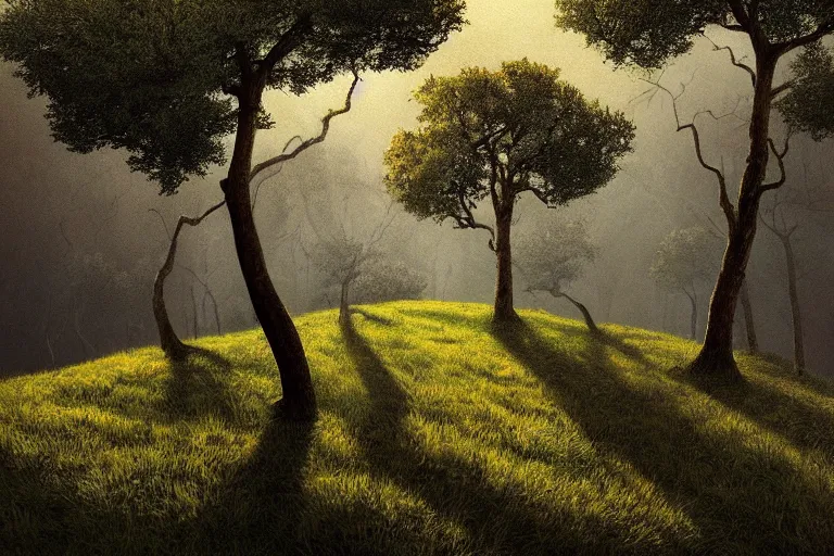 Prompt: masterpiece painting of oak trees on a hillside overlooking a creek, dramatic lighting, by filip hodas