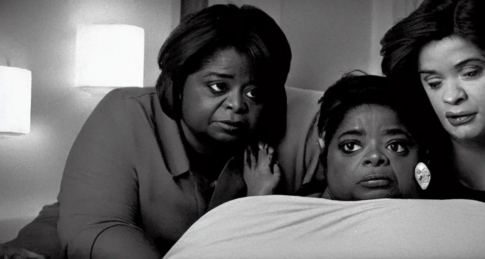 Image similar to cinematic shot from a 1 9 8 5 thriller, a octavia spencer implants device in joe manchin's ear, fancy apartment, film directed by stanley kubrick, color theory, leading lines, photorealistic, volumetric lighting