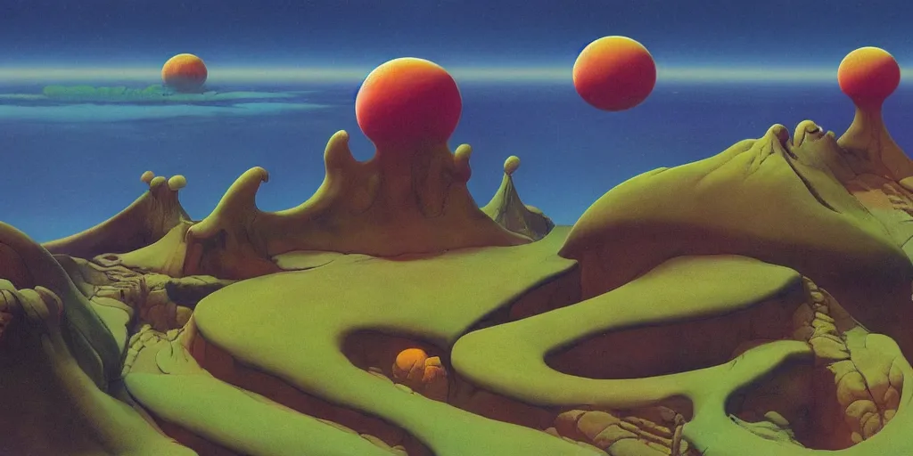 Image similar to extraterrestrial landscape, harmony, by roger dean