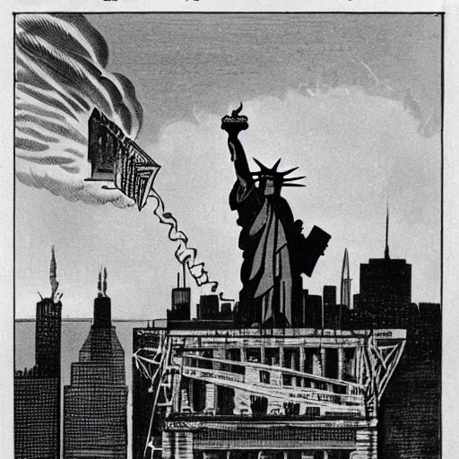 Prompt: statue of liberty attacking new york, chaos, fire