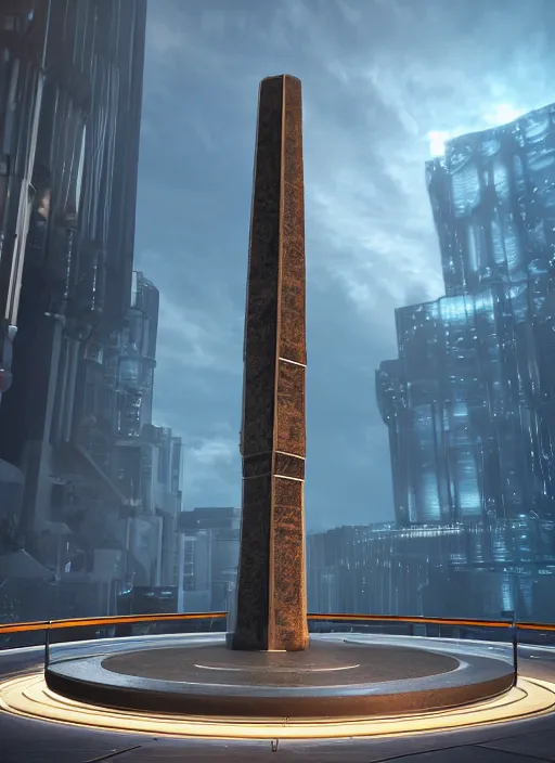 Image similar to highly detailed render of a high tech futuristic tall stele standing on the road ring made in unreal engine 4