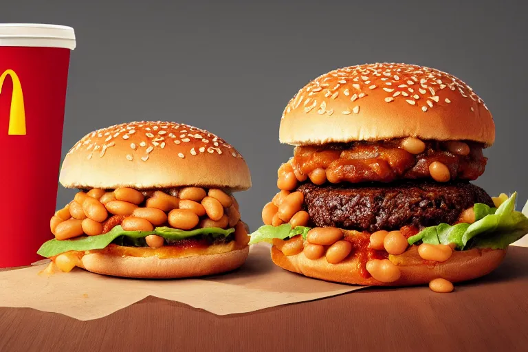 Image similar to mcdonalds baked beans burger, ( ( ( ( patty ) ) ) ), commercial photograph