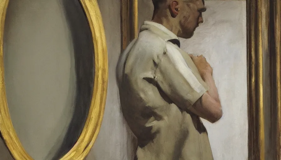 Prompt: painting by borremans, man in front of the mirror, detailed, stunning, dynamic lighting