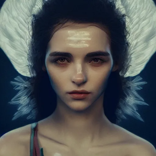 Image similar to portrait art of female angel by alessio albi 8 k ultra realistic, lens flare, atmosphere, glow, detailed, intricate, full of colour, cinematic lighting, trending on artstation, 4 k, hyperrealistic, focused, extreme details, unreal engine 5, cinematic, masterpiece