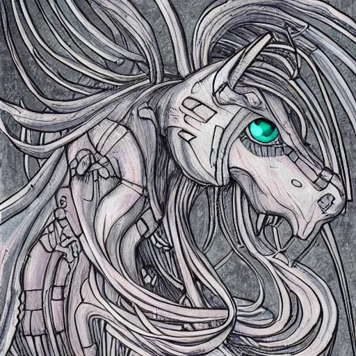 Image similar to detailed illustration of my little pony in the style of h r giger and wayne barlowe