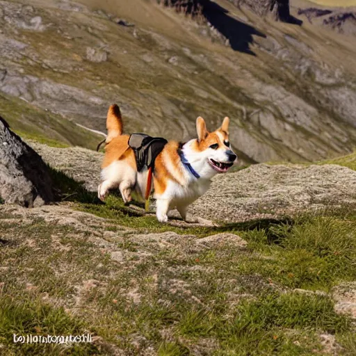 Image similar to corgi backpacking through the mountains, cute, photorealism, action shot