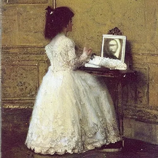 Prompt: victorian girl in ball gown absent - mind looking at her dance card, painting by alfred stevens