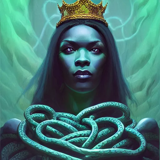 Image similar to portrait of a necromancer queen with a crown of snakes, dark skin, looking up, kneeling, despair, dramatic lighting, blue and green, by Anato Finnstark, Tom Bagshaw, Brom