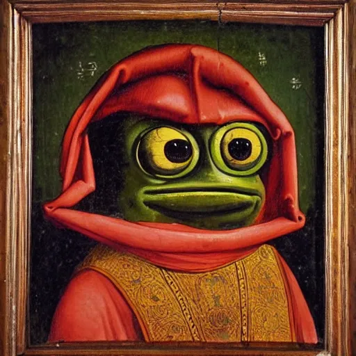 Prompt: a religious medieval painting of pepe the frog, in the style of rembrandt van rijn and neo - baroque