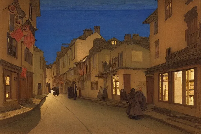 Prompt: winding street at midnight in a very old very beautiful city by ford madox brown and Nicholas Roerich and William Dyce, glowing paper lanterns, strong dramatic cinematic lighting , ornate tiled architecture, lost civilizations, smooth, sharp focus, extremely detailed