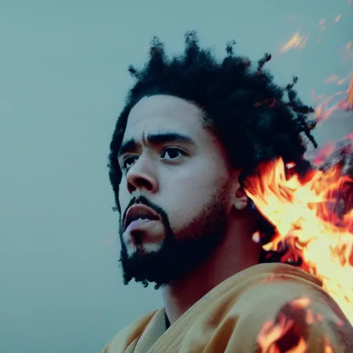 Image similar to cinematic film still of J Cole starring as a Samurai holding fire, Japanese CGI, VFX, 2022, 40mm lens, shallow depth of field,film photography