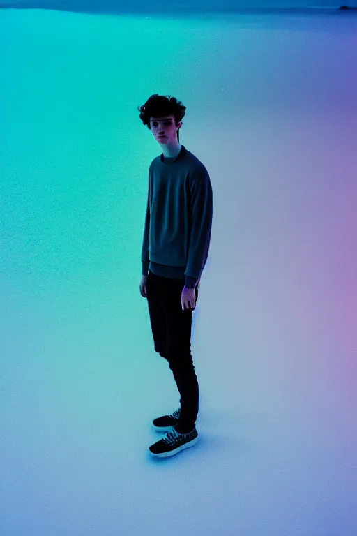 Image similar to high quality pastel coloured film mid angle selfie photograph of a beautiful young 2 0 year old male, soft features, black hair, standing in an icelandic black rock environment. atmospheric. three point light. photographic. art directed. ( pastel colours ). volumetric light. stark. waves glitch. 8 k. filmic.