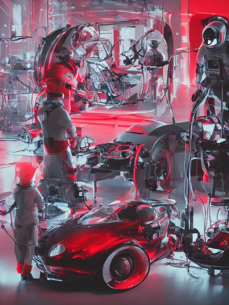 Prompt: futuristic race car mechanics with astronaut helmets on their heads!! focused on fixing a huge mickey mouse doll head with blood splattered on cheek!! red netflix neon office sign in background, beeple!!, minimal, movie still in private car garage, dystopian