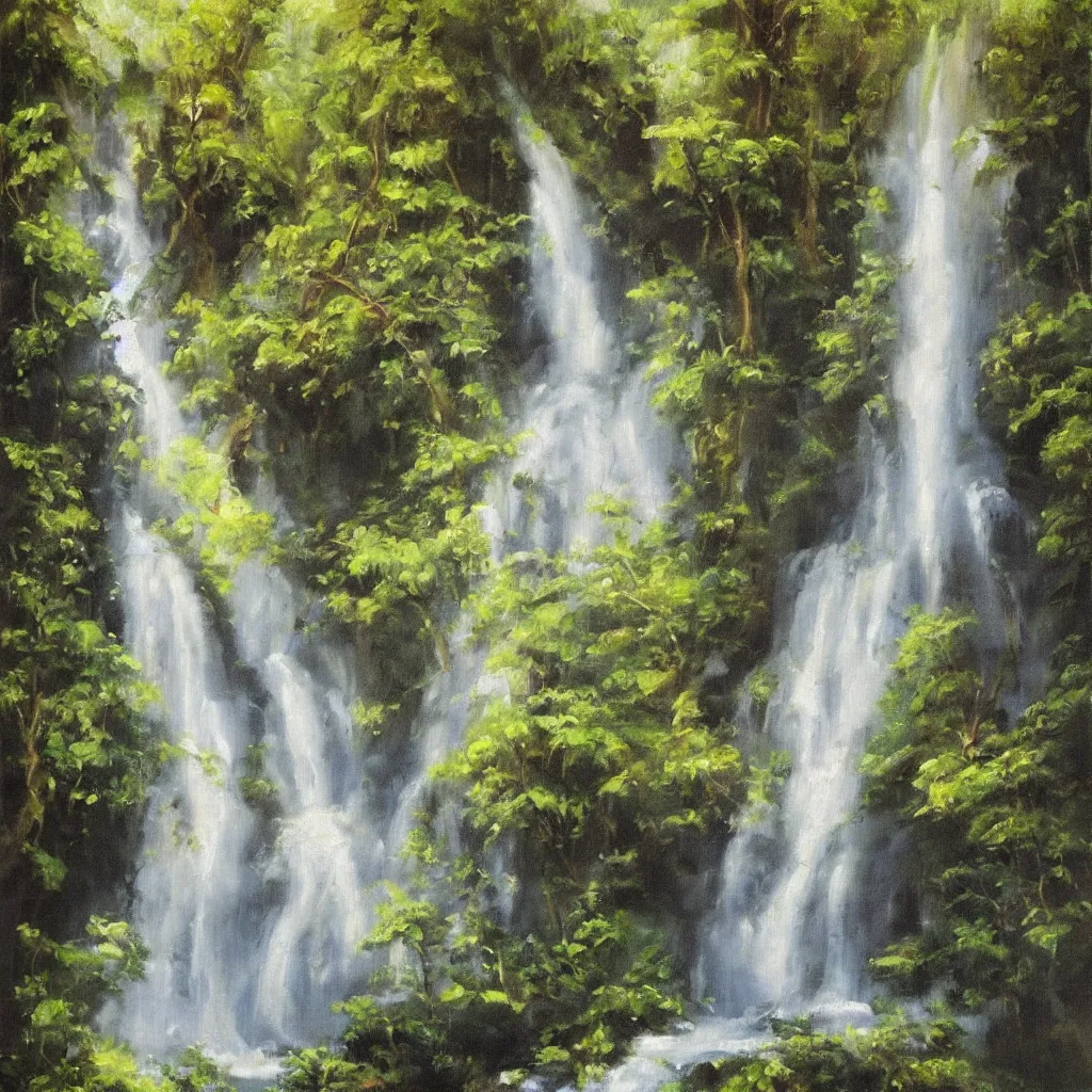 Prompt: Waterfall near jungles, beautiful oil painting,