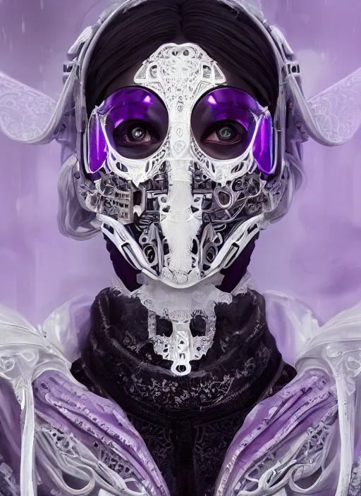 Prompt: a beautiful baroque cyborg with a white techwear mask, purple garment with art nouveau ivory accessories, dressed in black intricate lace and jewels, ethereal, misty, cyberpunk, darksynth, luxury, concept art by zeen chin, extremely detailed, artstation, andree wallin, edvige faini, alphonse mucha, 8 k, unreal engine 5