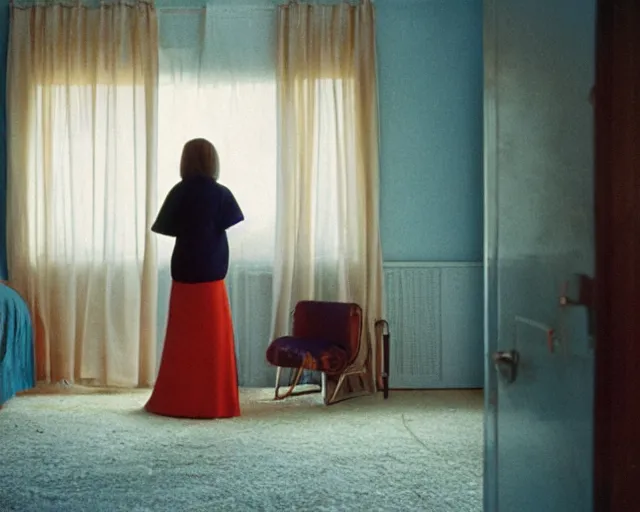Prompt: a woman standing in a bedroom next to a bed, a colorized photo by Wes Anderson and Wilhelm Sasnal, tumblr, precisionism, 1970s, matte photo, provia , movie still