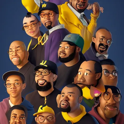 Prompt: a portrait of the wu - tang clan as pixar characters, beautiful, elegant, extremely detailed digital art, trending on artstation hyper realistic matte painting, by wlop, artgerm