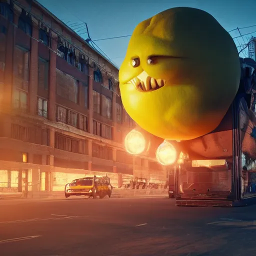 Image similar to gigantic lemon monster invading detroit, dslr, 8 k, octane beautifully detailed render, cold mood, cinematic lighting, detailed photo, masterpiece, volumetric lighting, ultra realistic, highly detailed, high quality, lossless, photorealistic