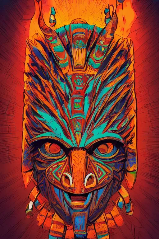 Image similar to totem animal tribal chaman vodoo mask feather gemstone plant wood rock video game illustration vivid color borderlands by josan gonzales and dan mumford radiating a glowing aura