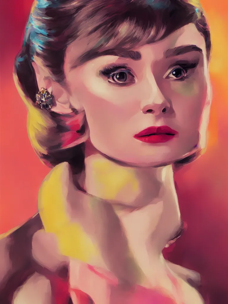 Image similar to a portrait of Audrey Hepburn, glamorous setting, vivid colors, soft lighting, atmospheric, cinematic, moody, in the style of Ross Tran, oil on canvas, 8k