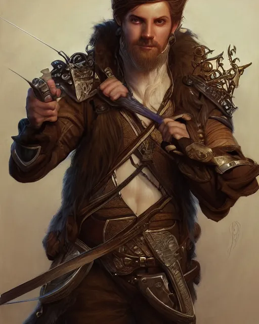 Prompt: white male rogue bard portrait | highly detailed | very intricate | symmetrical | cinematic lighting | award - winning | closeup portrait | painted by donato giancola and mandy jurgens and charlie bowater | featured on artstation