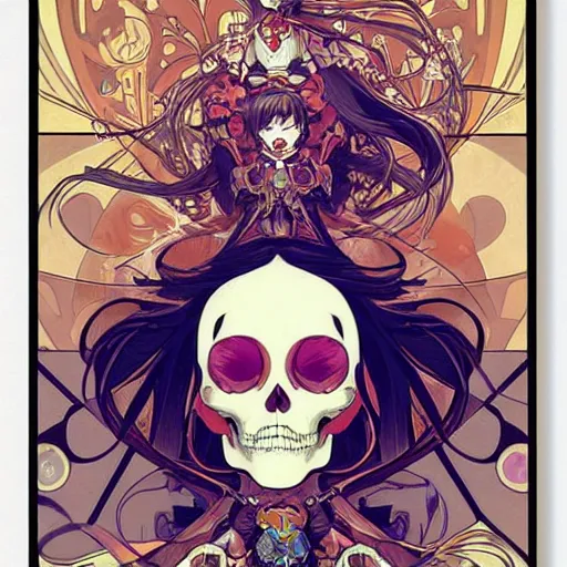 Image similar to anime manga skull portrait girl female robot cyborg mecha skeleton illustration detailed style by Alphonse Mucha pop art nouveau