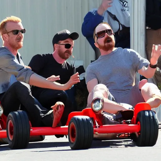 Image similar to paparazzi photo Bryan Cranston and Aaron Paul in go karts, Breaking Bad, candid