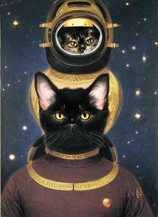 Image similar to symmetrical portrait of black persian cat staring contemptuously at people, wearing a chinese dragon spacesuit armor and helmet, in majestic, solemn, in space, hyper realistic, by bouguereau