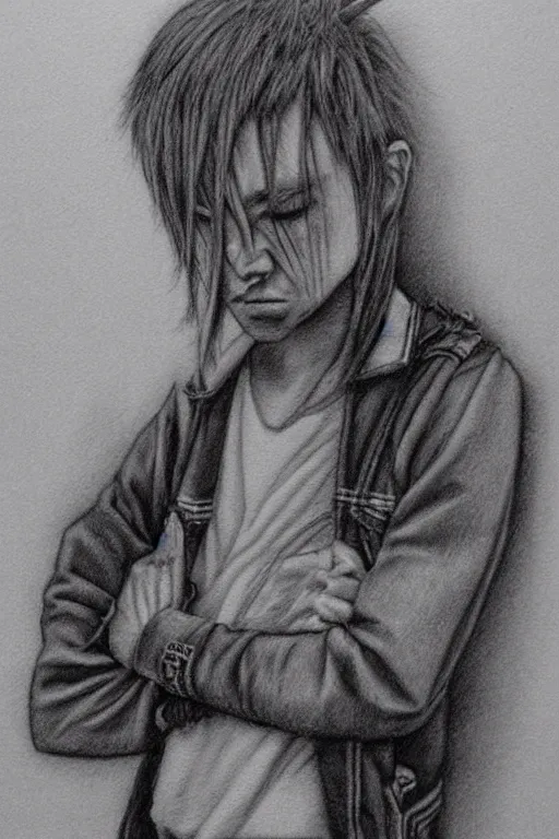 Image similar to amazing lifelike award winning pencil illustration of sad people, shibuya, punk skater