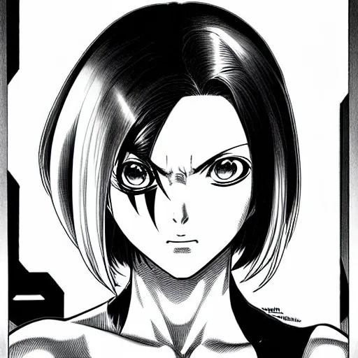 Image similar to alita by yukito kishiro. medium shot. black and white manga. pencil drawing. high detailed face