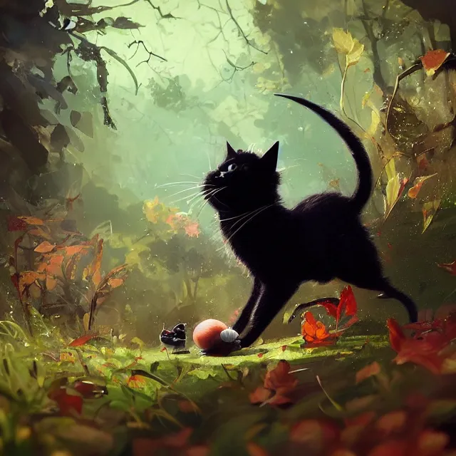 Prompt: a beautiful painting of a cute black cat catching a mouse in a forest. character design by cory loftis, fenghua zhong, ryohei hase, ismail inceoglu and ruan jia. artstation, volumetric light, detailed, photorealistic, rendered in octane