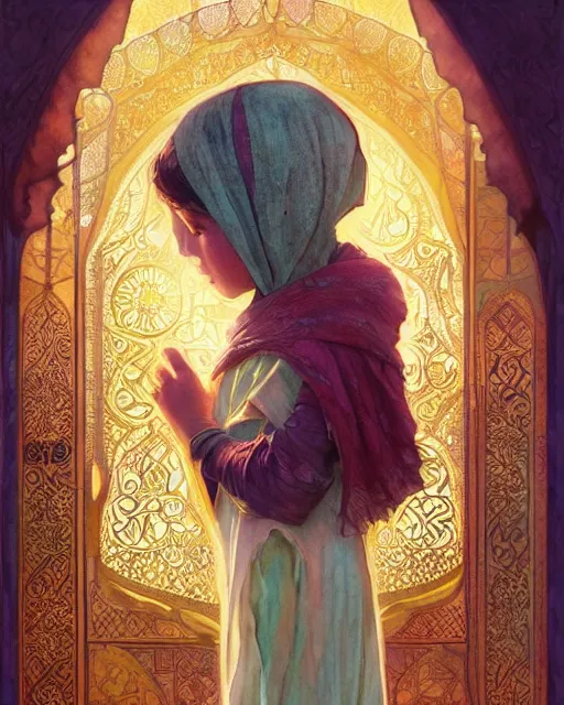 Image similar to a bedouin child infront of an big open quran highly detailed, gold filigree, romantic storybook fantasy, soft cinematic lighting, award, disney concept art watercolor illustration by mandy jurgens and alphonse mucha and alena aenami, pastel color palette, featured on artstation