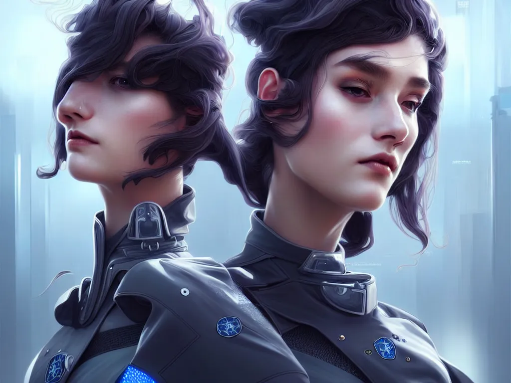 Image similar to portrait futuristic swiss police uniform female, at future neon light rooftop, ssci - fi and fantasy, intricate and very very beautiful and elegant, highly detailed, digital painting, artstation, concept art, smooth and sharp focus, illustration, art by tan zi and ayanamikodon and alphonse mucha and wlop