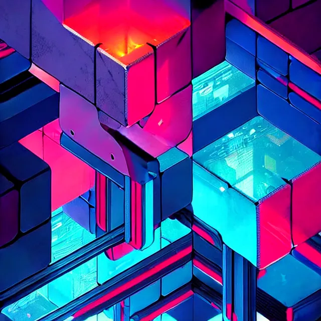 Prompt: a cyberpunk colorful cubes interconnected, chains connecting separate blocks, blockchain, symmetry, intricate, volumetric lighting, beautiful, rich deep colors masterpiece, sharp focus, ultra detailed, in the style of john harris