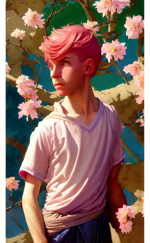 Image similar to androgynous cute pink haired teen boy wearing greek clothes, muted colors, colorful flowers, sunlight filtering through skin, j. c leyendecker, by alan lee, wlop! illustrated by starember, fantasy art by craig mullins cfg _ scale 8