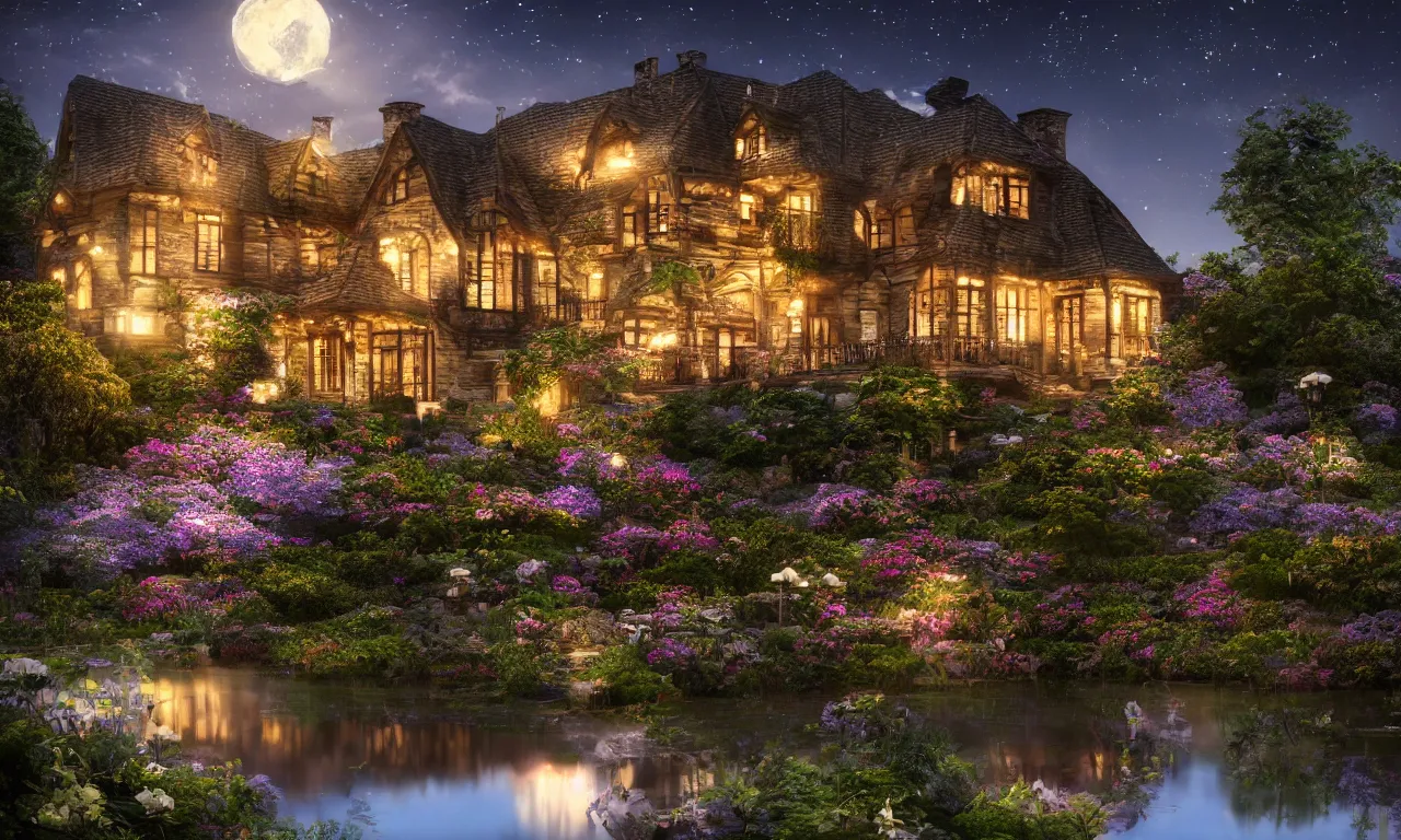 Image similar to one stunningly beautiful lake house in the moonlit nightscape, house by the reflective lake in the evening, lamps and flowers, beautiful garden, highly detailed textures, photorealistic house, beautiful soft lighting, landscape photography, nature photography, perfect landscape, trending on artstation, 4 k, soothing, dreamy