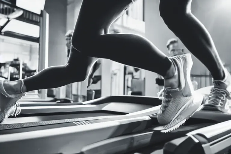 Prompt: close up on a treadmill. the person running is wearing old running shoes. dramatic lighting. cinematic. comic book style illustration