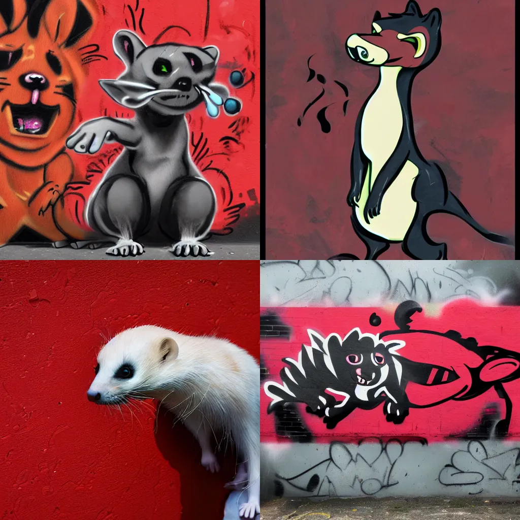 Prompt: furry _ fandom _ fursona ( red - and - black, weasel - ferret - stoat ), graffiti _ background ( smoke ), medium ( spray _ paint, favela _ wall )