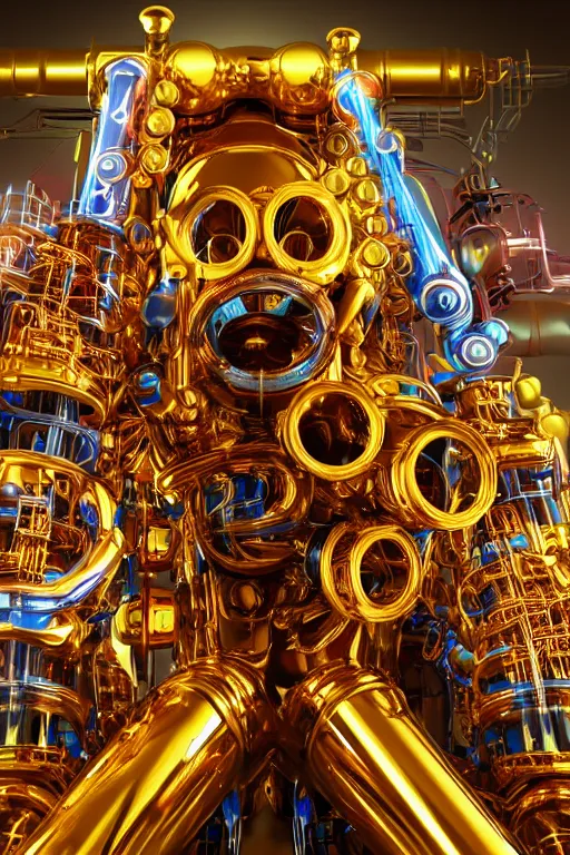 Prompt: portrait photo of a giant huge golden and blue metal humanoid steampunk robot saxophone player with multicolored big gears and tubes, a golden saxophone, eyes are glowing red lightbulbs, shiny crisp finish, 3 d render, 8 k, insaneley detailed, fluorescent colors, background is multicolored lasershow