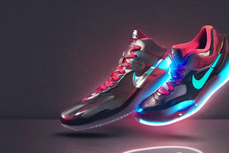 Image similar to mid product still of The New metallic Ironman Nike sneakers with glowing arc reactor swoosh, 4k