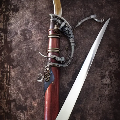 Image similar to product photography of a steampunk sword