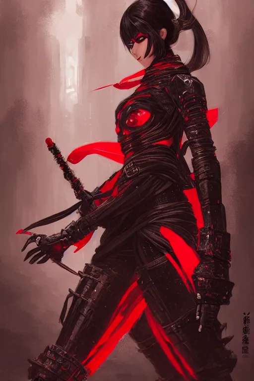 Image similar to portrait Ninja gaiden girl, armored black and red ninja wardrobe, in ruin japanese rainny temple night, ssci-fi and fantasy, intricate and very very beautiful and elegant, highly detailed, digital painting, artstation, concept art, smooth and sharp focus, illustration, art by tian zi and WLOP and alphonse mucha