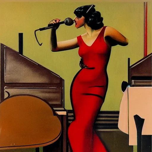 Image similar to art deco painting of a sultry young woman singing jazz in a club, style of norman rockwell, album art