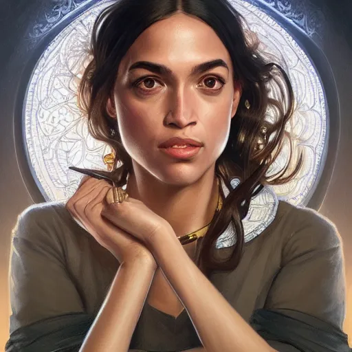 Image similar to ultra realistic illustration, alexandria ocasio - cortez, intricate, elegant, highly detailed, digital painting, artstation, concept art, smooth, sharp focus, illustration, art by artgerm and greg rutkowski and alphonse mucha