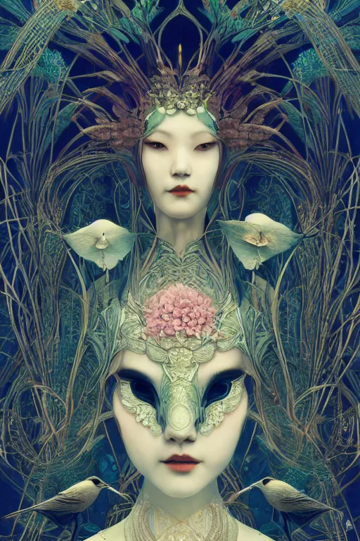 Image similar to portrait breathtaking detailed concept art painting art deco pattern of birds goddesses amalmation flowers head thibetan temple, by hsiao ron cheng, tetsuya ichida, bizarre compositions, tsutomu nihei, exquisite detail, extremely moody lighting, 8 k, art nouveau, old chines painting, art nouveau