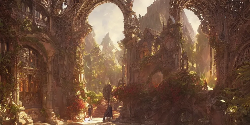 Image similar to ultra realistic illustration, gateway to fairyland from diablo and baldurs gate, intricate, elegant, highly detailed, digital painting, artstation, concept art, smooth, sharp focus, illustration, art by artgerm and greg rutkowski and alphonse mucha